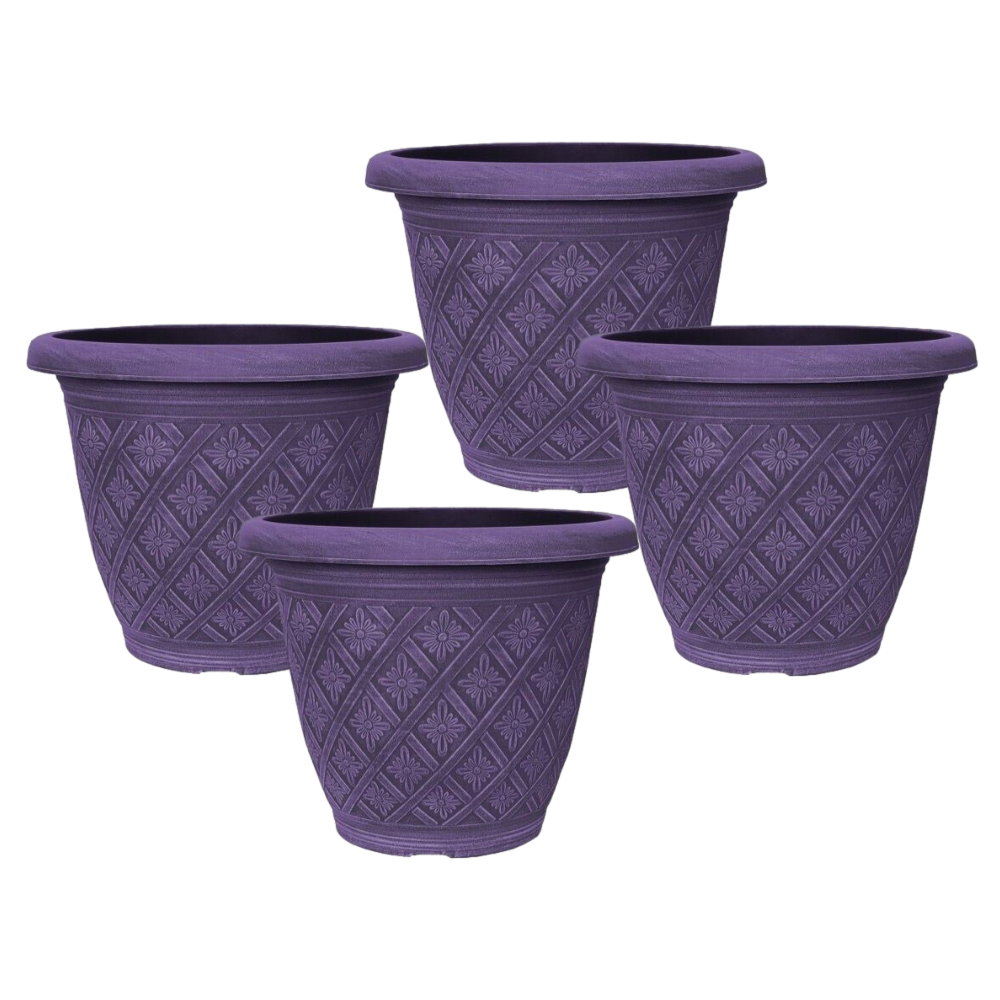 Set of 4 Round 33cm Garden Plant Pot Woven Purple Flower Outdoor Deco Planter