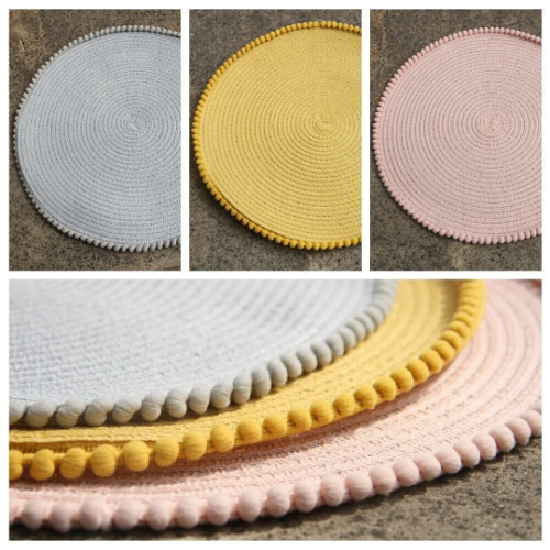 Set Of 4/8 Table Place Mats Blush Pink Grey Ochre Yellow Round Pom Pom Placemats