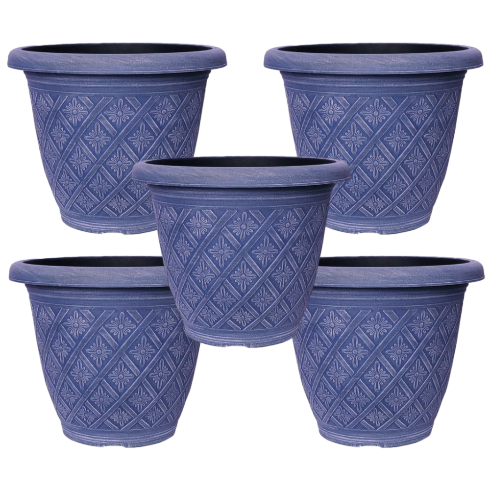 Set of 5 Round 33cm Garden Plant Pot Woven Blue Outdoor Planter Decorative Cover