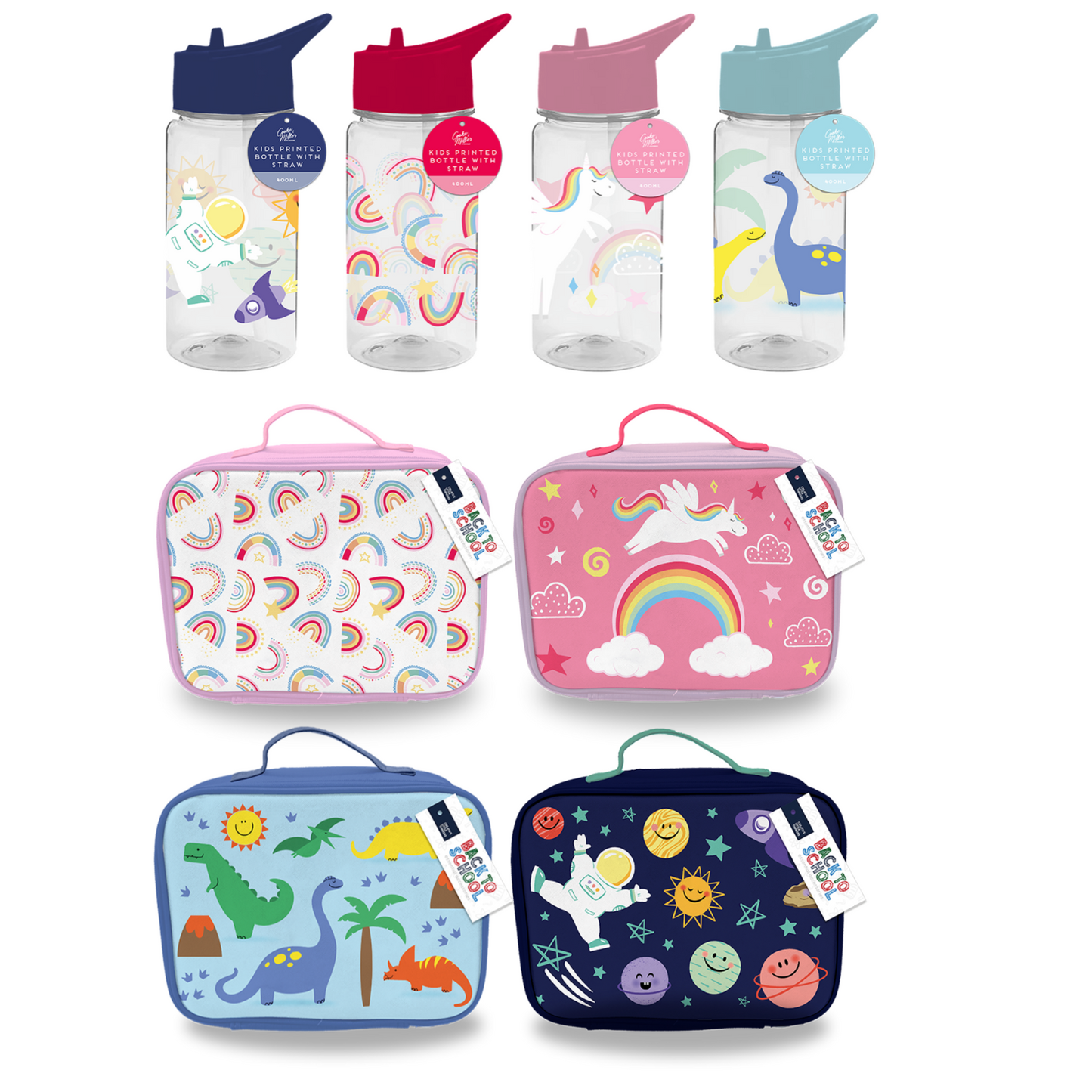400ml Kids Printed Plastic Bottle With Straw, Textured PU Lunch Bag With Zip