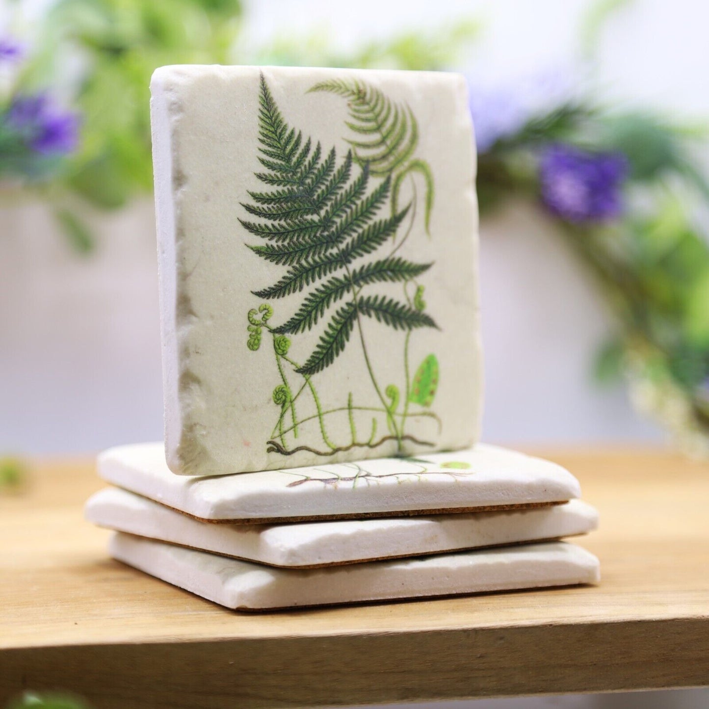 Ceramic Coasters Set of 4 Fern Botanical Cork Backed Coasters Table Mats