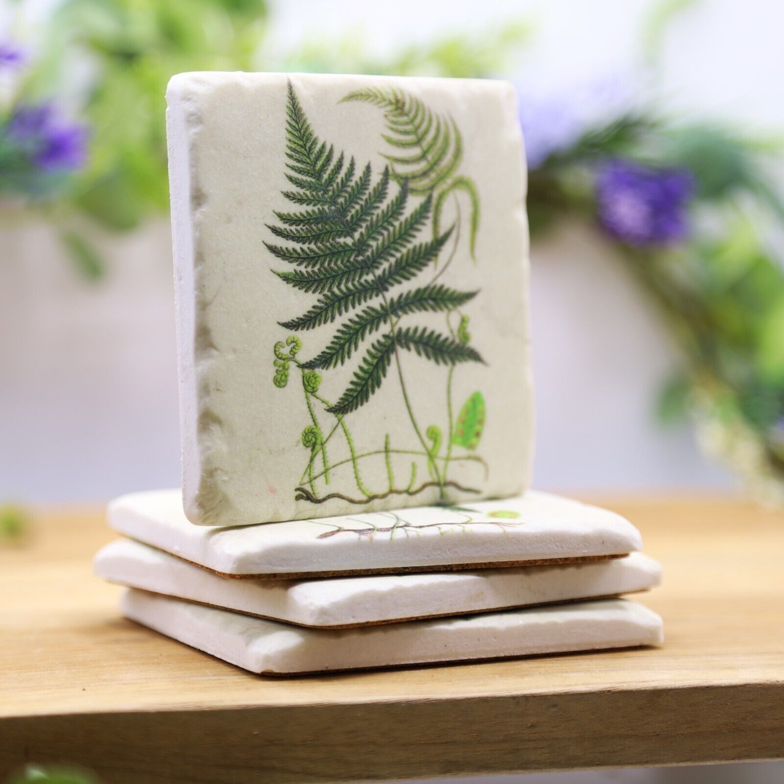 Ceramic Coasters Set of 4 Fern Botanical Cork Backed Coasters Table Mats