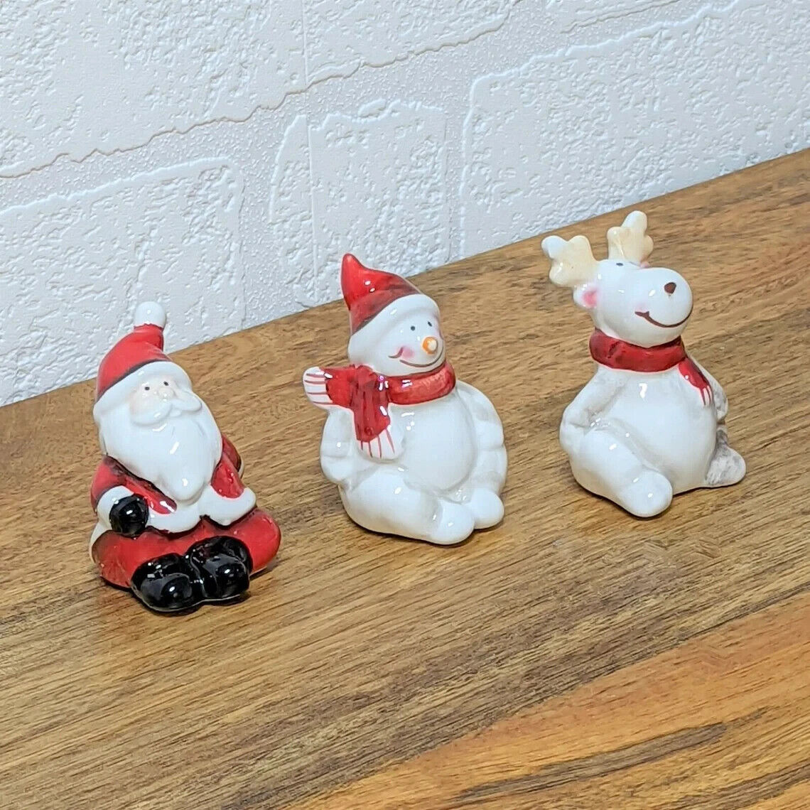 Set Of 3 Small Ceramic Santa Reindeer Snowman Christmas Decorations Ornaments