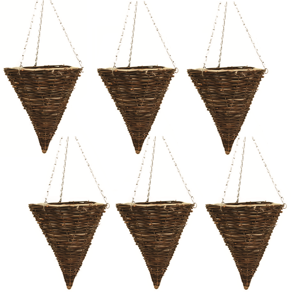 6X 30cm 12" Cone Dark Brown Wicker Hanging Basket Lined Rattan Willow Planter