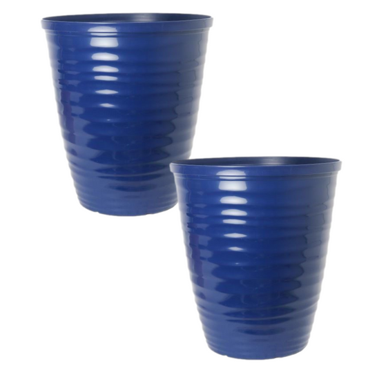 Set of 2 Gloss Blue Plastic Plant Pot 28cm Tall Round Gloss 12L Garden Planter