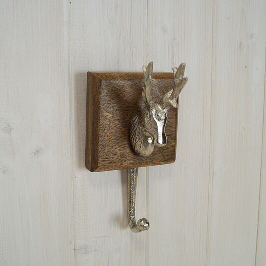 Large Stag Head Metal Hook on Solid Wood Coat Clothes Holder Rack Wall Mount