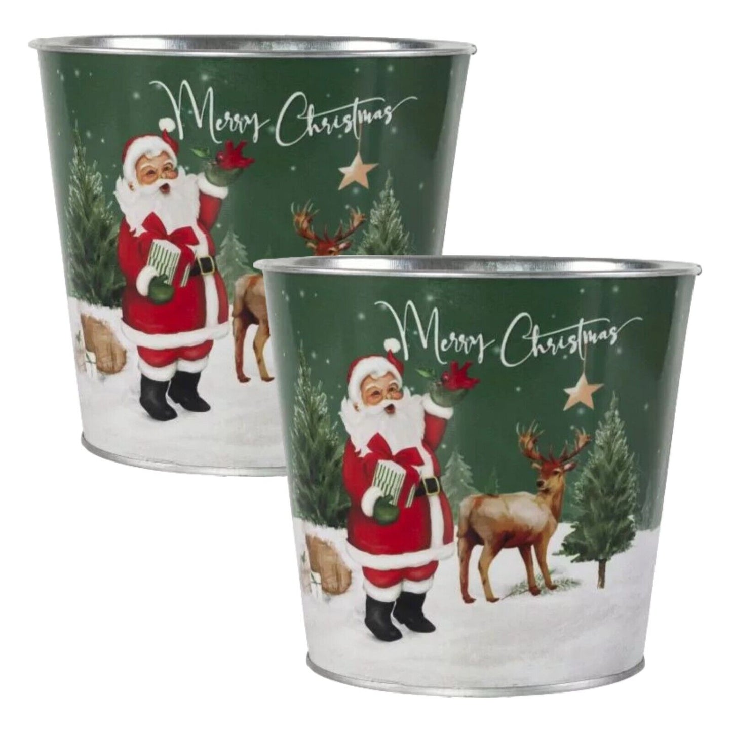 2Pc Metal Christmas Santa Reindeer Green Scene Plant Pot 15cm Tin Pail Planter