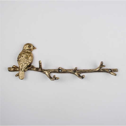 Gold Metal Wall Bird on Branch 6 Hooks Coat Key Hanger Rack Wall Mounted