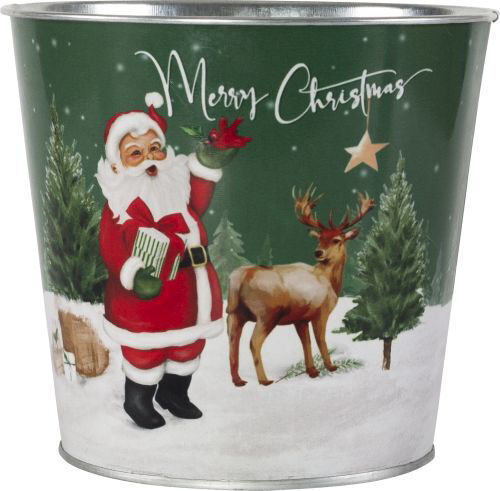 2Pc Metal Christmas Santa Reindeer Green Scene Plant Pot 15cm Tin Pail Planter