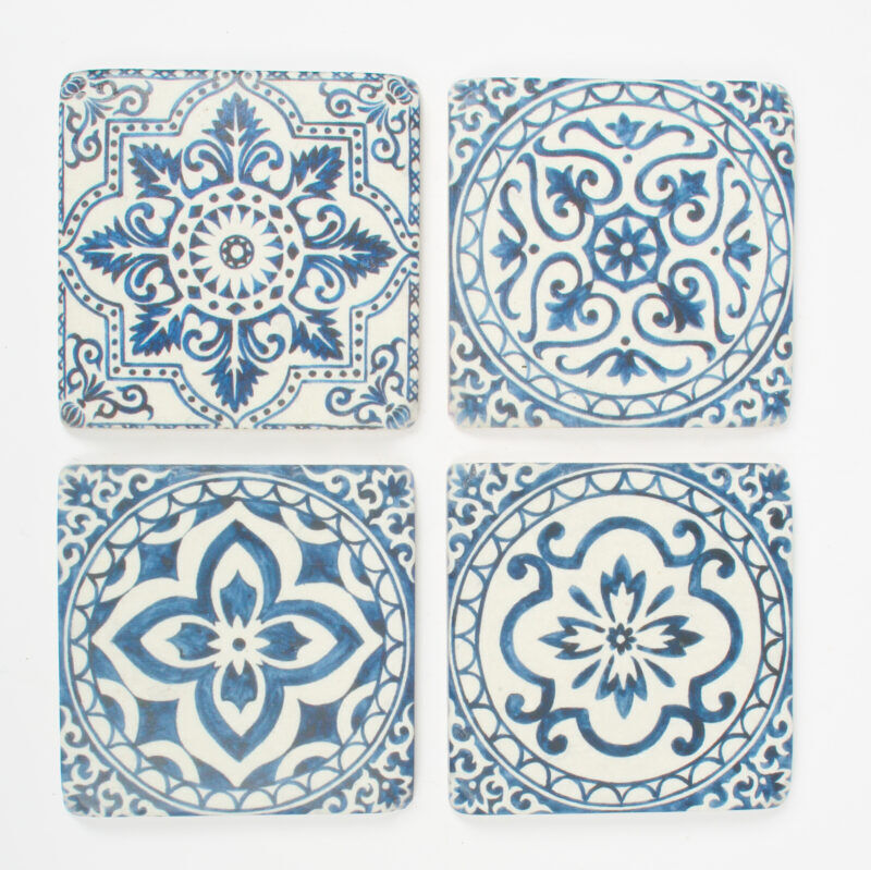Ceramic Coasters Set of 4 Blue Geometric Tiles Cork Backed Coasters Table Mats
