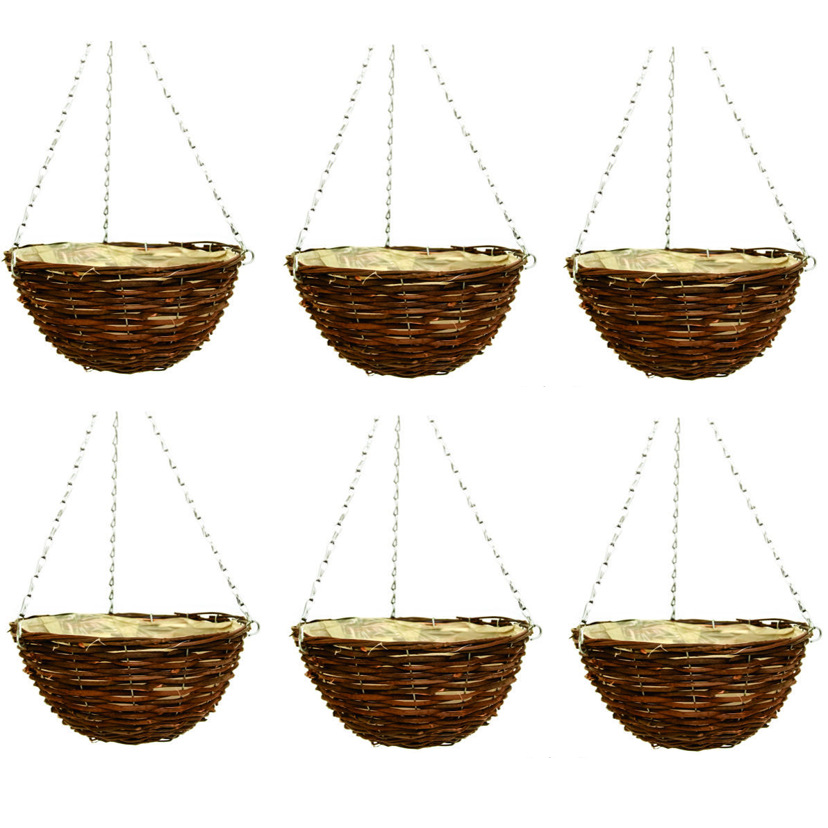 6X Dark Brown 12Inch 30cm Wicker Hanging Basket Lined Rattan Willow Planter 