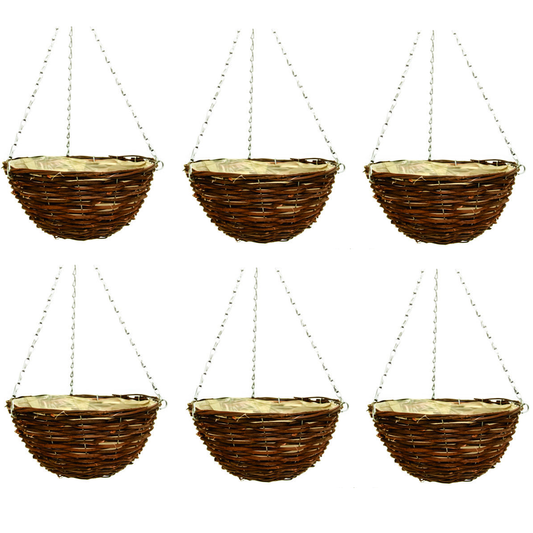 6X Dark Brown 12Inch 30cm Wicker Hanging Basket Lined Rattan Willow Planter 