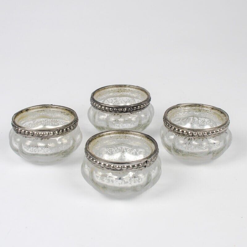 4Pc Silver T-Light Ribbed Metal Rim Vintage Glass Tealight Candle Holder Wedding