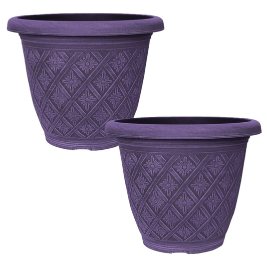 Planter Set of 2 Round 40cm Garden Plant Pot Woven Purple Flower Outdoor Deco 