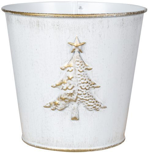 2Pc Metal Christmas 15cm Tree Embossed Plant Pot Tin Pail Planter Gold White