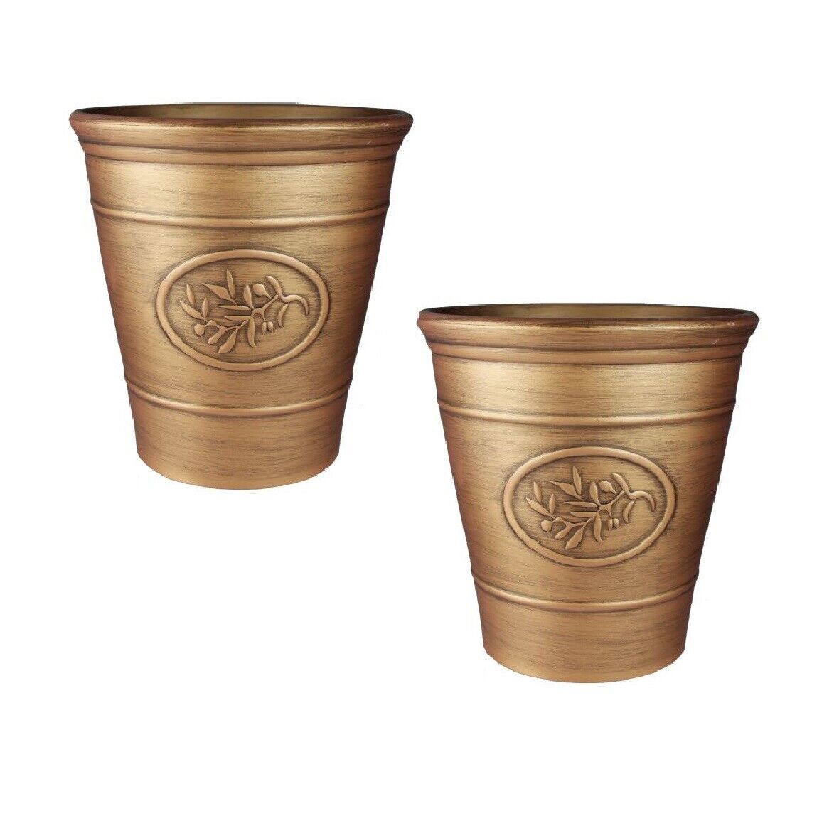 Set of 2 Olive Gold Plastic Plant Pot 23cm Tall 6L Round Garden Planter 