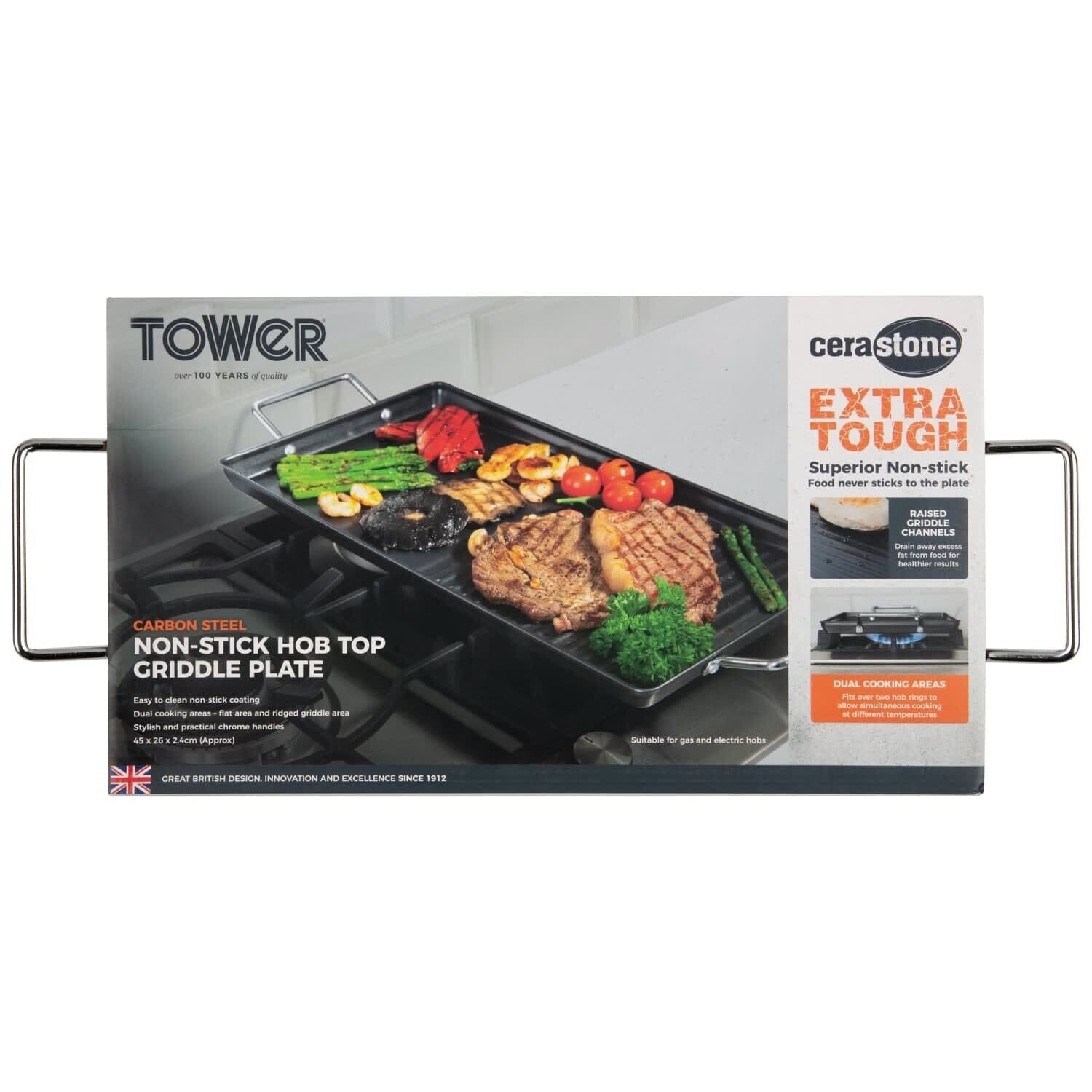 Tower Dual Non Stick Cera Stone Carbon Steel BBQ Hob Top Griddle Skillet Plate