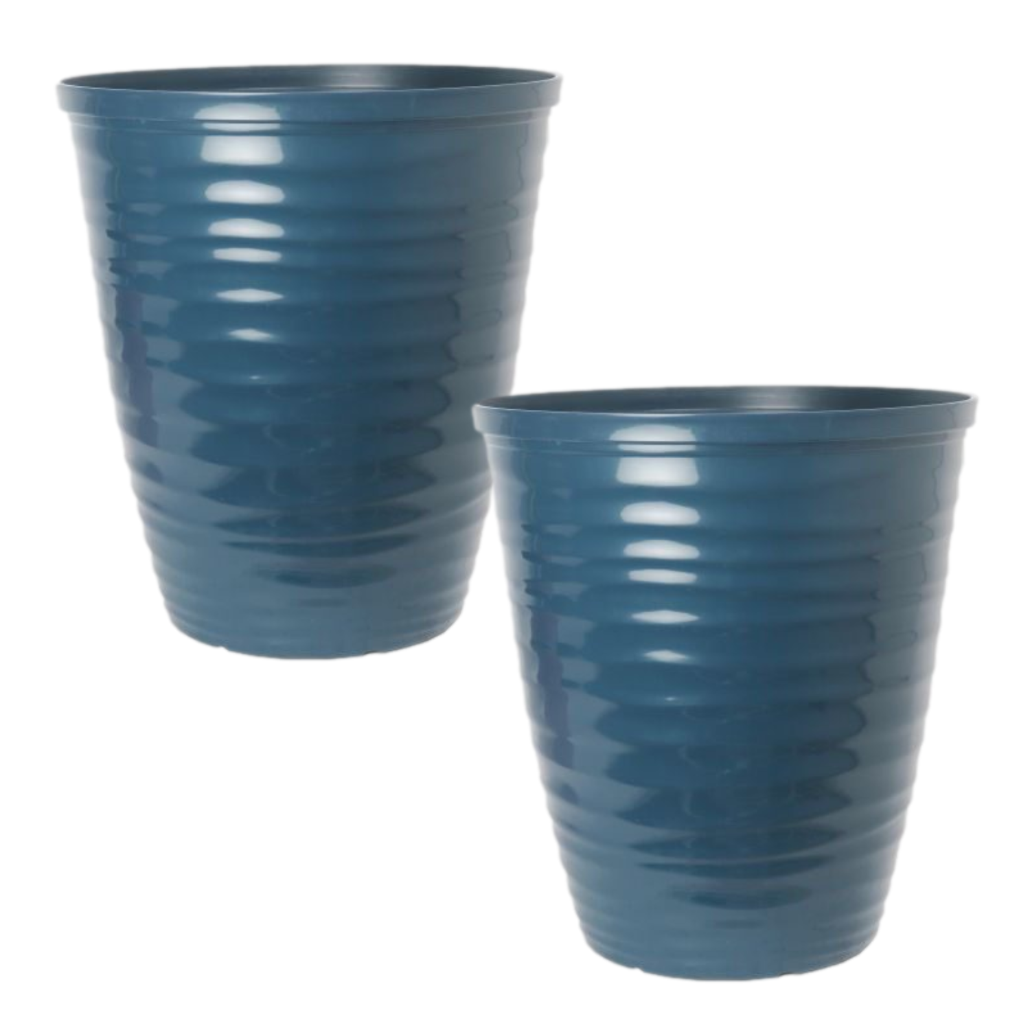 Set of 2 Gloss Blue Plastic Plant Pot 28cm Tall Round Gloss 12L Garden Planter