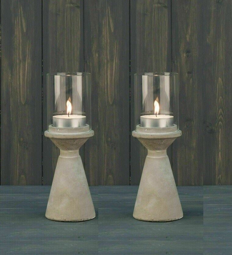 Set of 2 24cm Cement Concrete Tea Light Candle Holders Lantern with Glass Shade