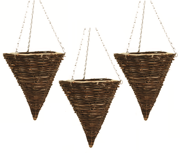 3X 30cm 12" Cone Dark Brown Wicker Hanging Basket Lined Rattan Willow Planter