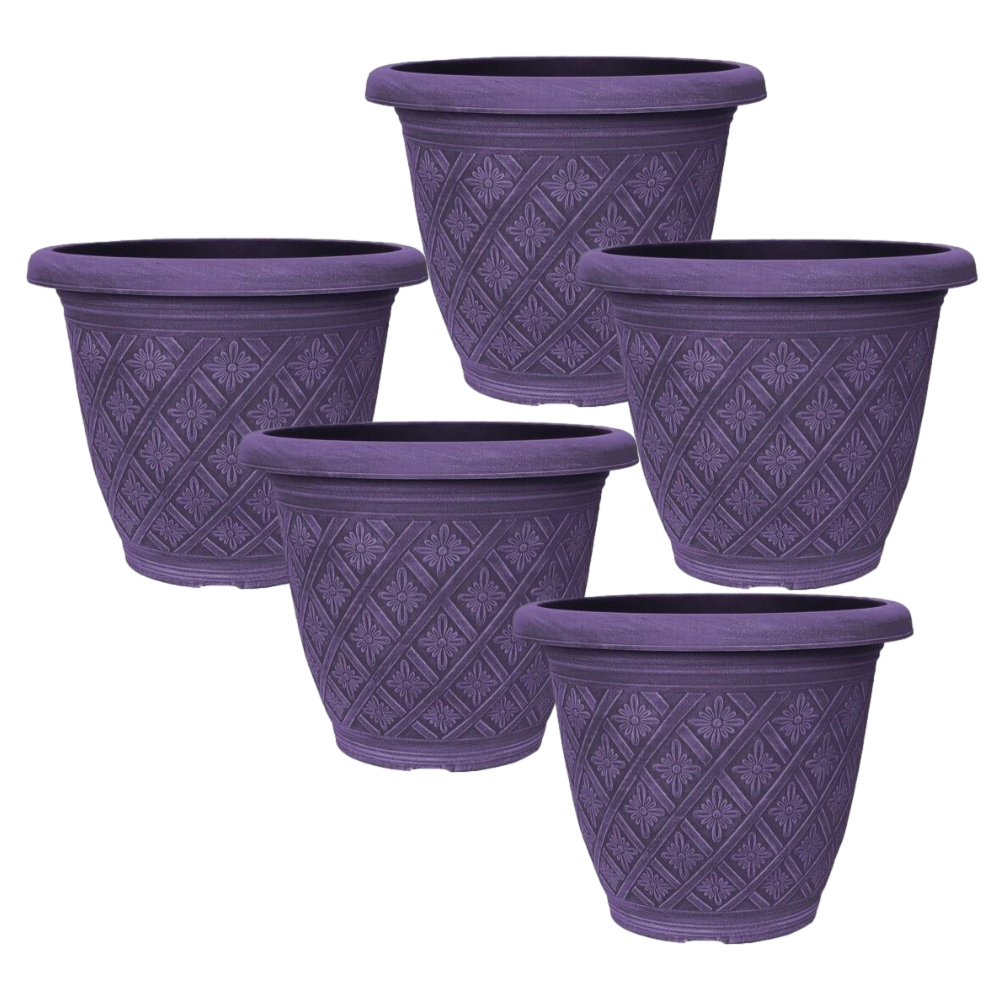 Planter Set of 5 Round 33cm Garden Plant Pot Woven Purple Flower Outdoor Deco