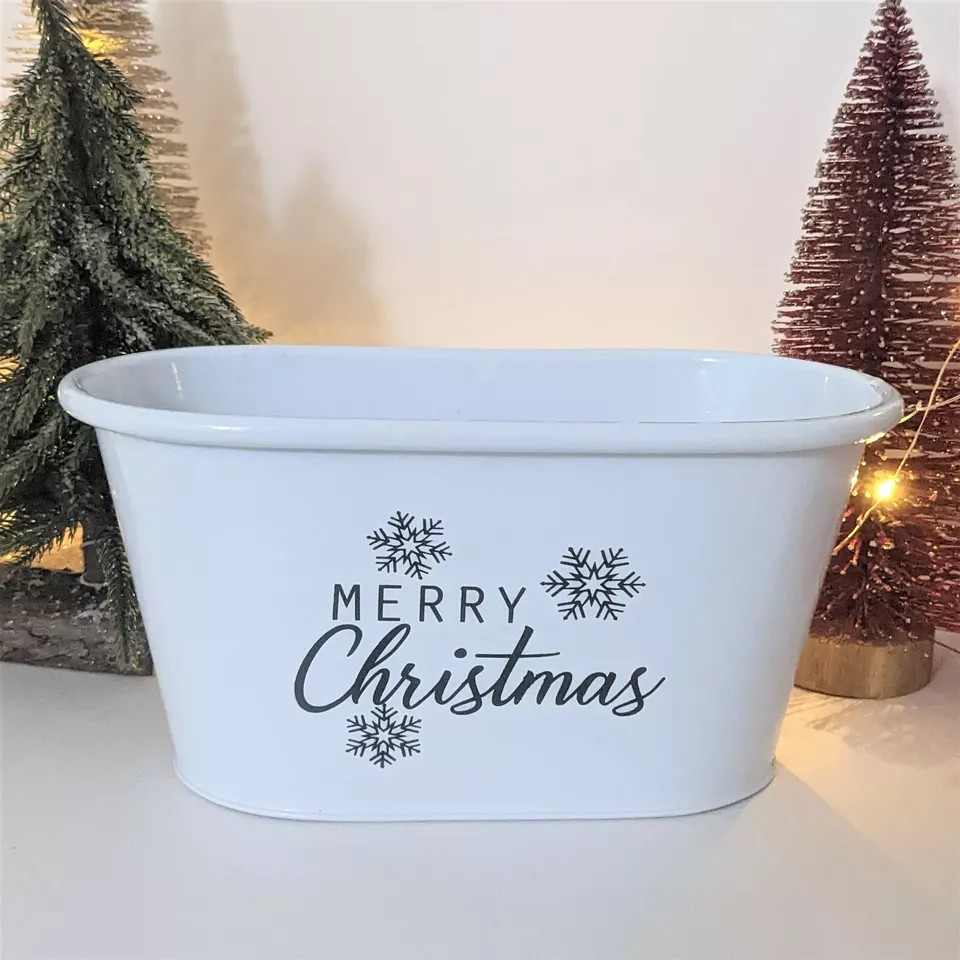 2Pc Metal Merry Christmas White Plant Pot Pail Planter Trough Xmas Snowflakes