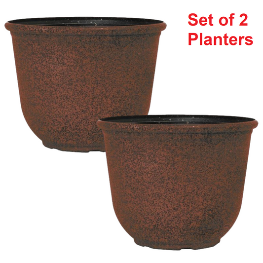 Set of 2 Round 20cm Garden Plant Pot Antique Copper Rustic Brown Planter