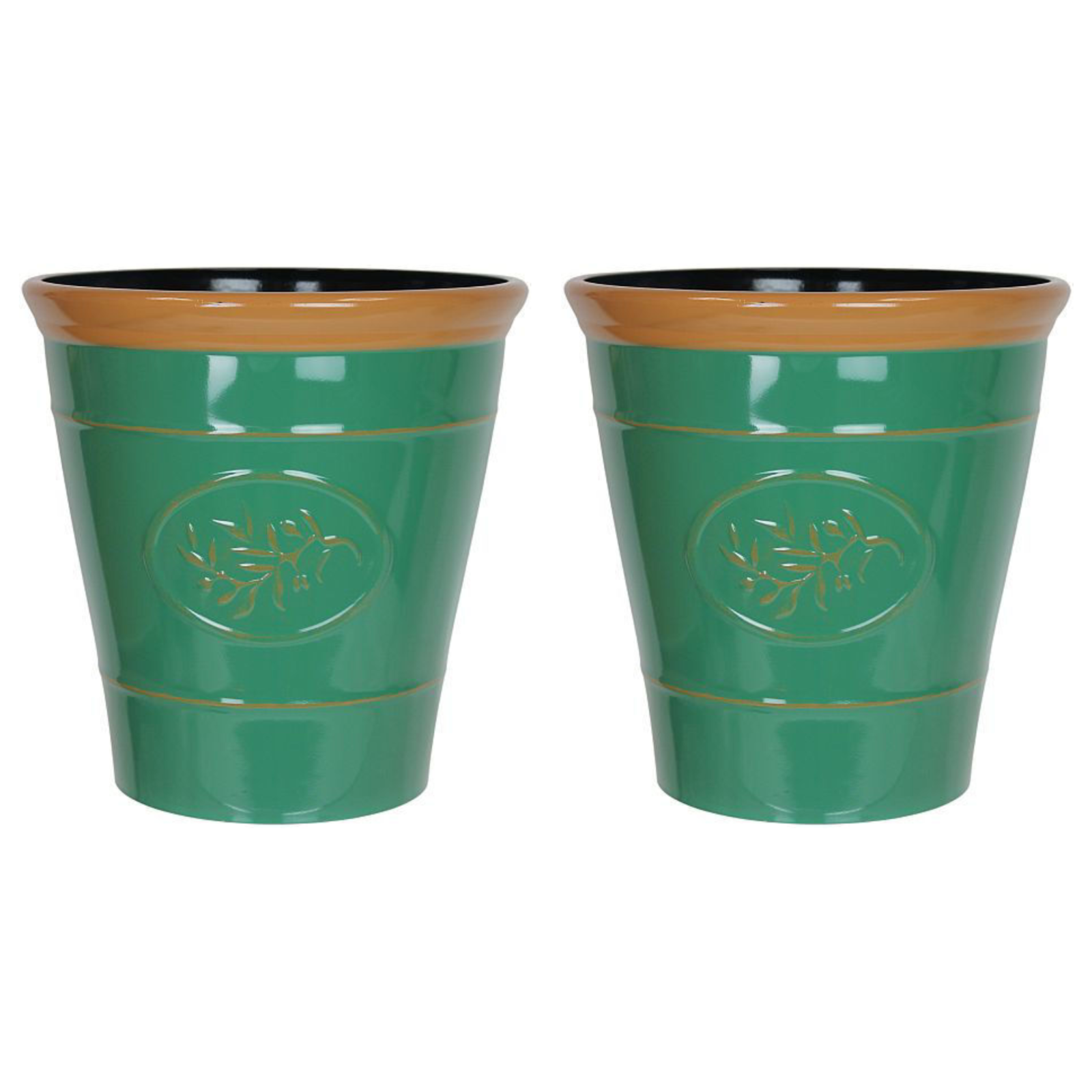 Set of 2 Round 30cm Olive Dark Green Plastic Brown Rim Gloss Garden Planter Pot