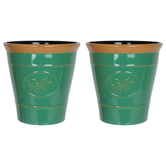 Set of 2 Round 30cm Olive Dark Green Plastic Brown Rim Gloss Garden Planter Pot