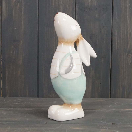 Glazed Gazing Hare Figurine 15cm Ceramic Standing Rabbit In Dungarees Ornament