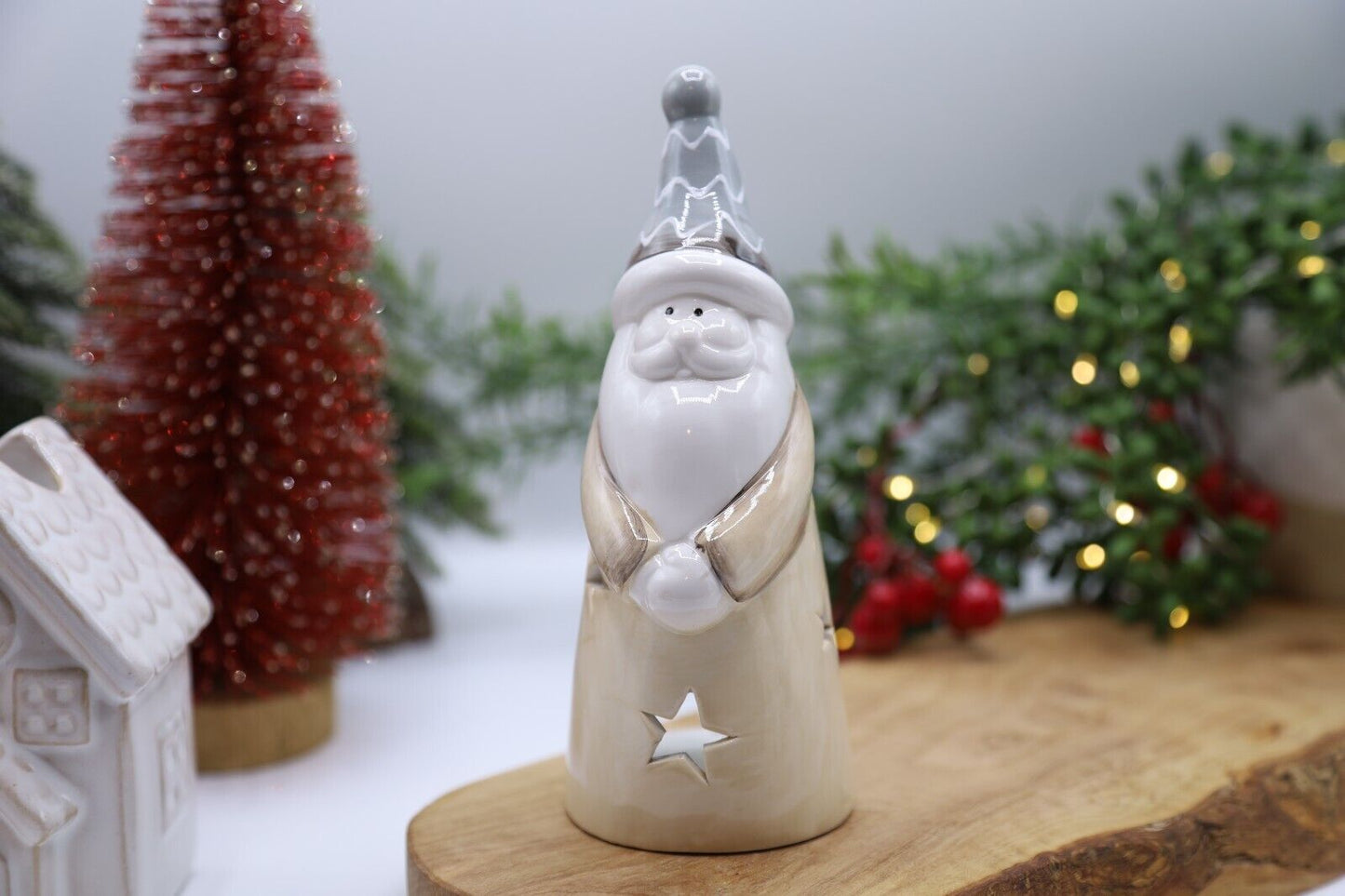 Ceramic Tall Santa Tealight Holder with Star Cut out Christmas Festive Decor