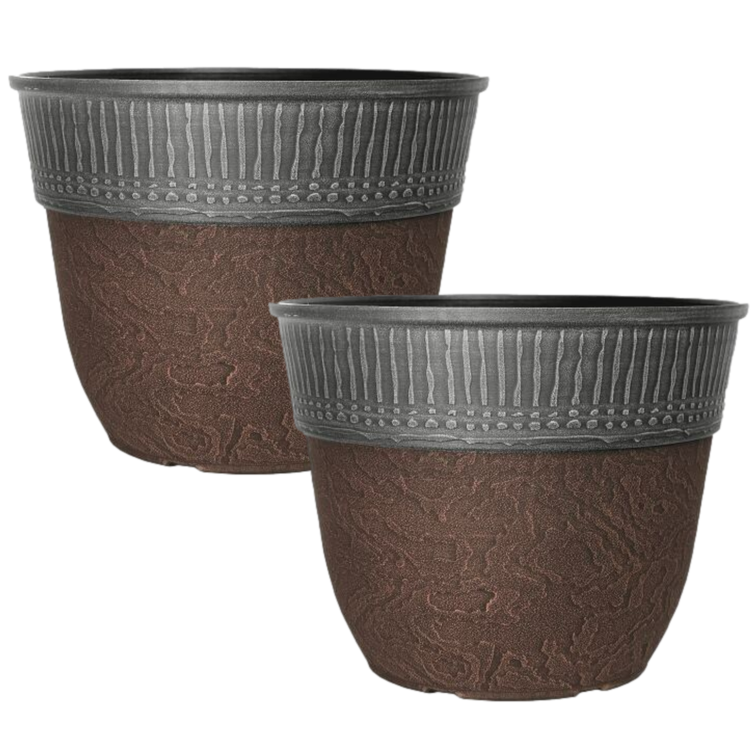 Planter Ceramic Look Copper Grey Plastic Plant Pot 38cm Round Garden Set of 2