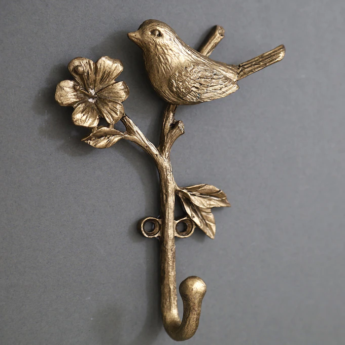 3Pc Metal Gold Wall Bird on Branch Hooks Coat Keys Hanger Rack Wall Mounted