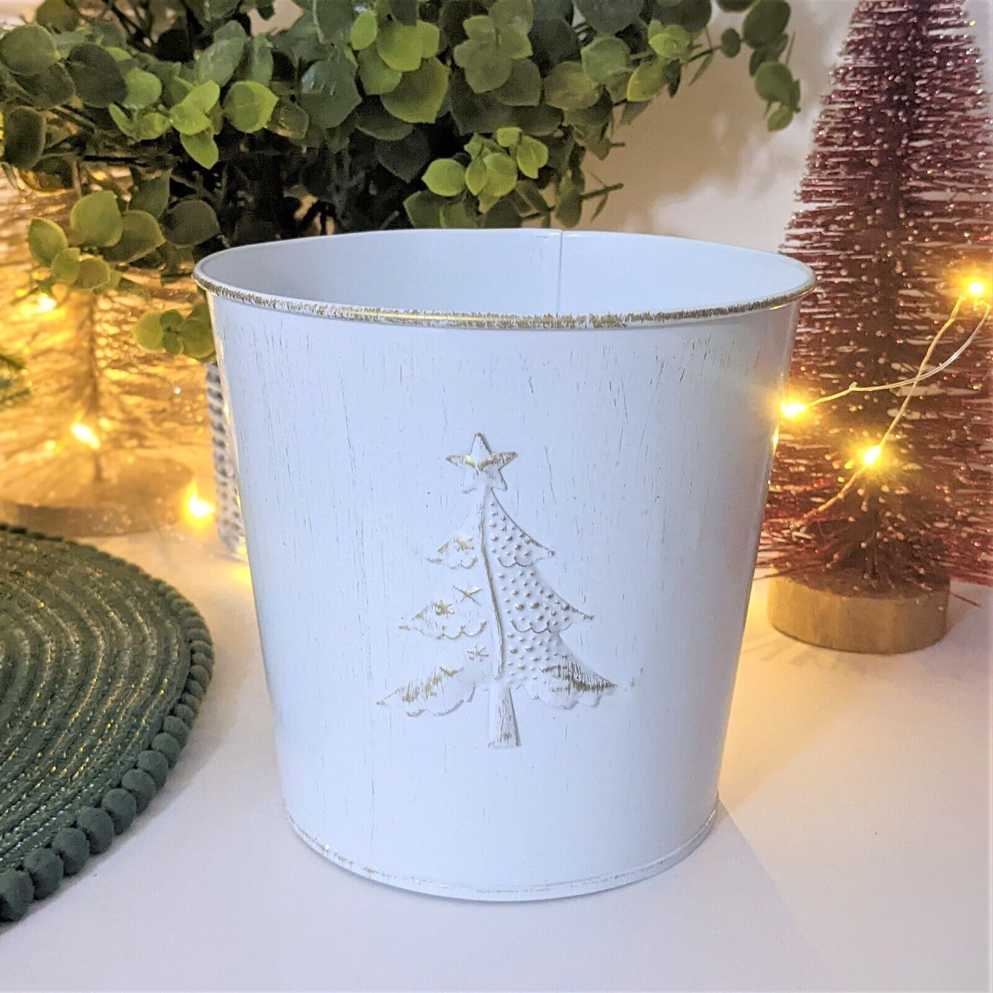 2Pc Metal Christmas 15cm Tree Embossed Plant Pot Tin Pail Planter Gold White