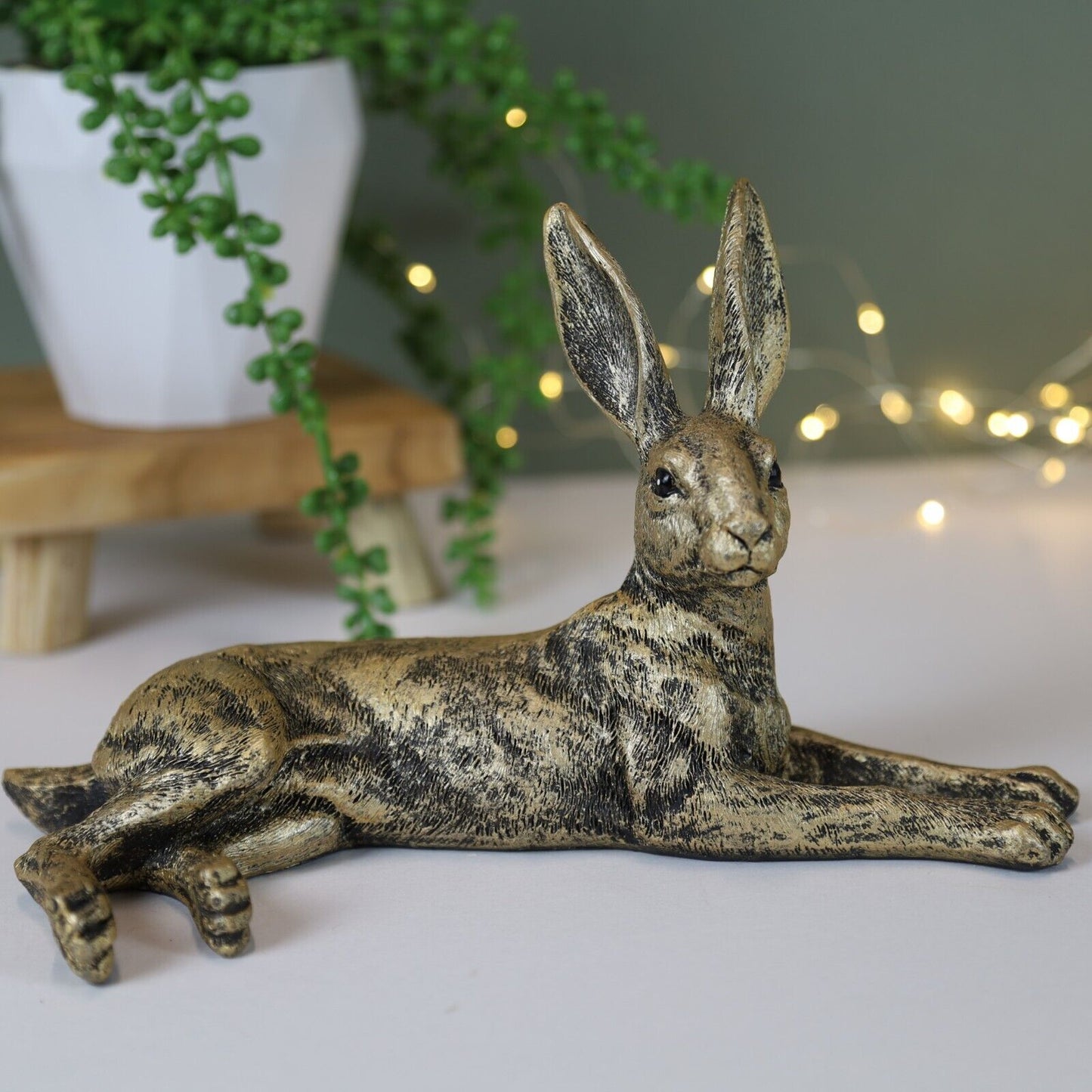 Golden Laying Hare Statue Indoor, Garden Bunny Rabbit Animal Decor Ornament