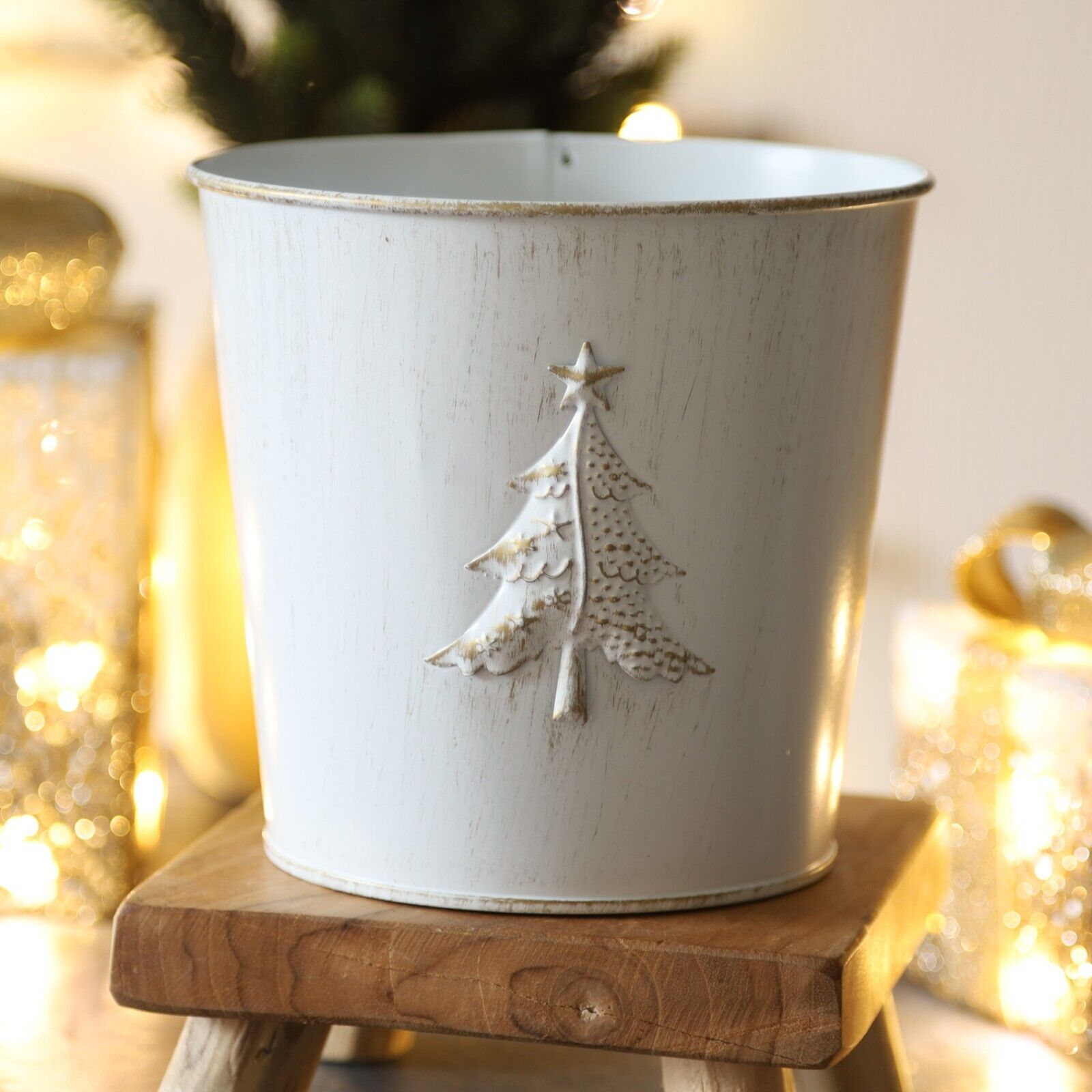 20cm Metal Christmas Tree Embossed Plant Pot Tin Pail 3 Liter Planter Gold White