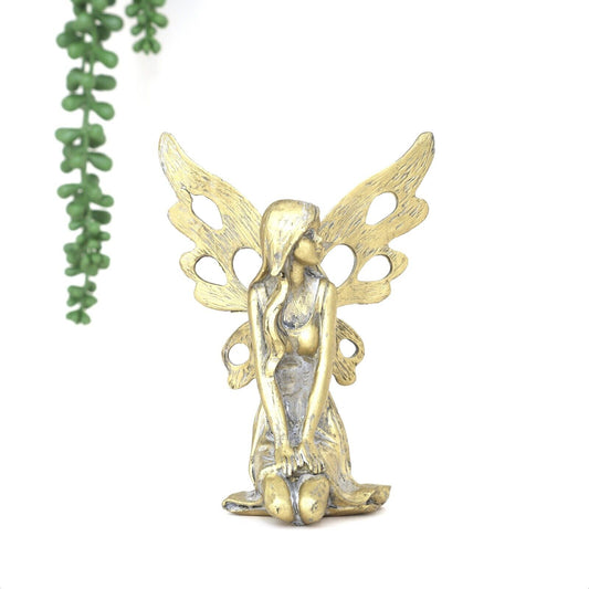 Antique Resin Fairy with Metal Wings Statue Sitting Garden Home Decor Ornament