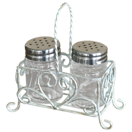 Salt Pepper Pots In Heart Design Wire Basket Carrier Shabby Chic Finish French