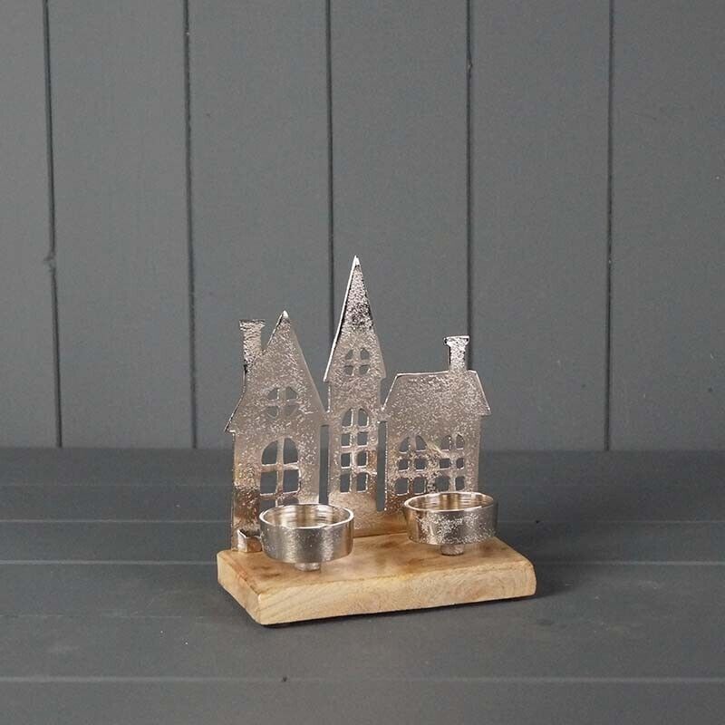 Christmas Aluminium Townscape Village Tealight Holders 16cm Wooden Base Decor