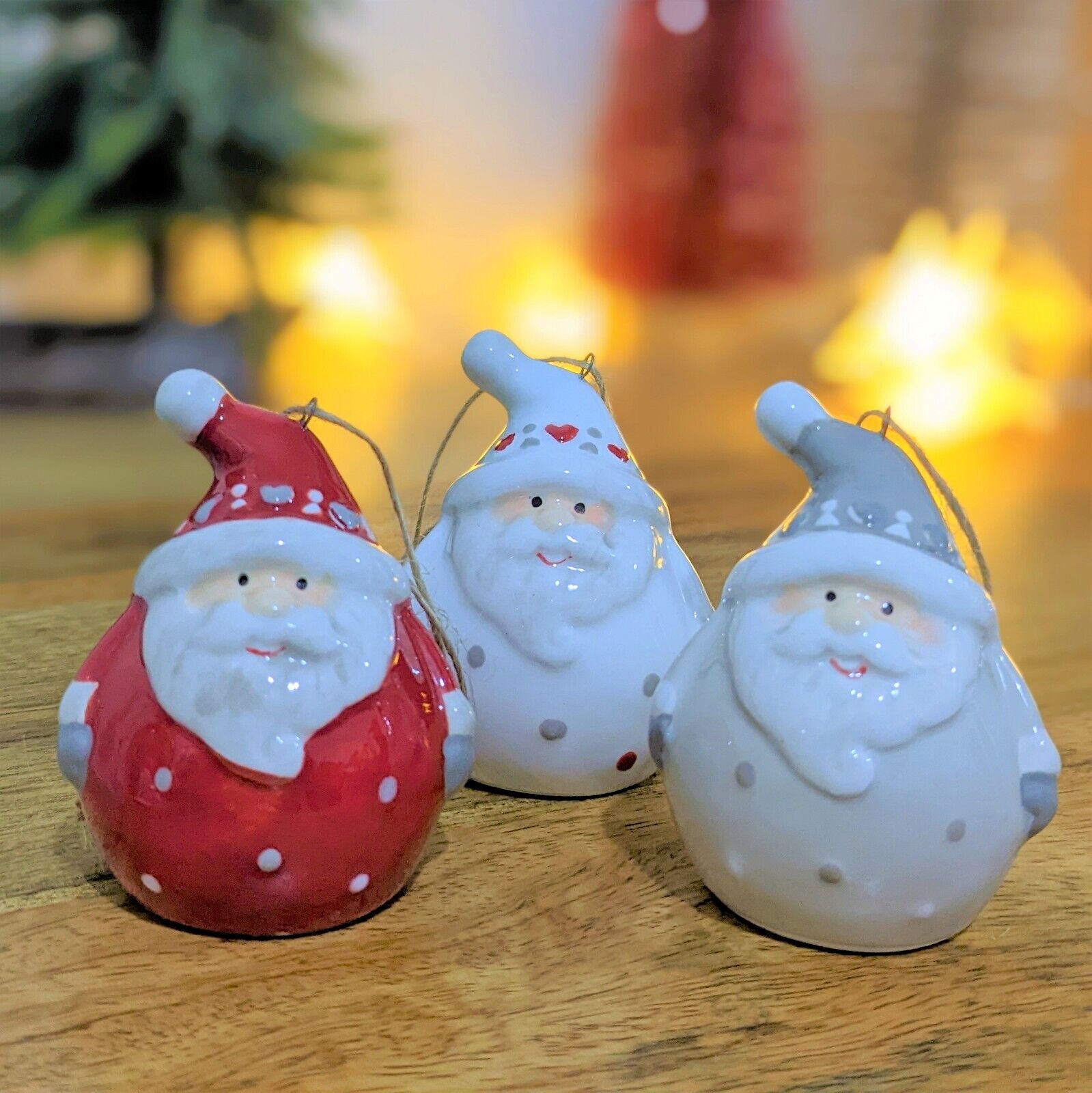 Set of 3 Ceramic Santa Christmas Tree Hanging Bauble White Red Grey Decor