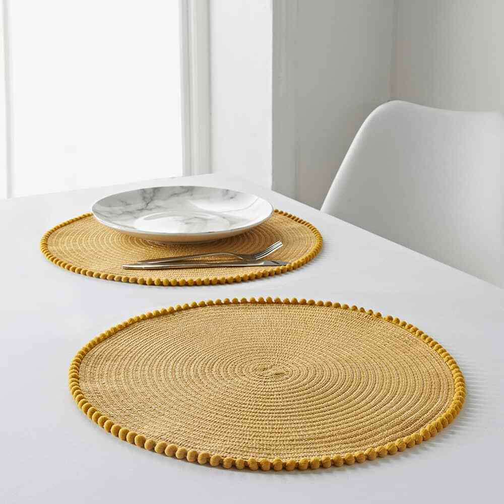 Set Of 4/8 Table Place Mats Blush Pink Grey Ochre Yellow Round Pom Pom Placemats