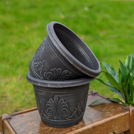 Set of 2 Silver Grey 3.6L Plastic Plant Pot 22cm Black Round Planter Cover