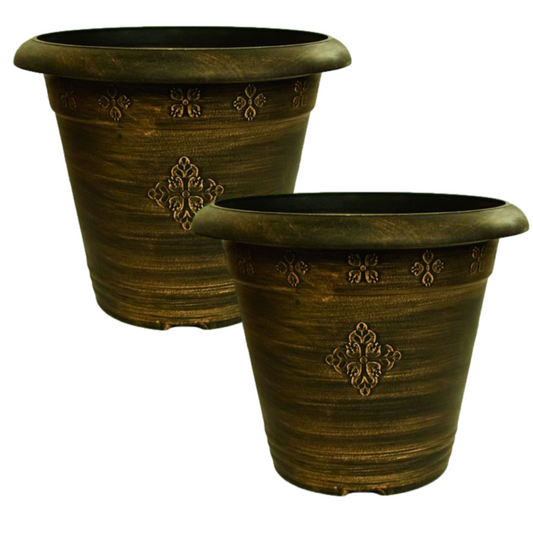 Planter Set of 2 Round 37cm Garden Plant Pot Antique Copper Acorn Flower Autumn