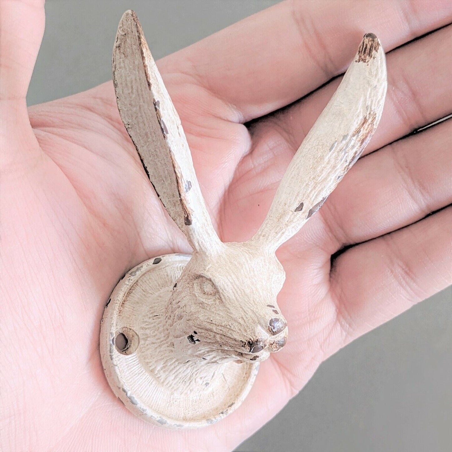 Set of 3 Rustic Hare Bunny Coat Hook Vintage Cream Metal Animal Wall Door Hooks