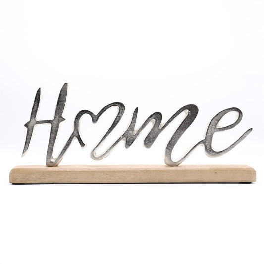 Silver Aluminium HOME Letters on Wooden Base 41cm Home Decor Ornament