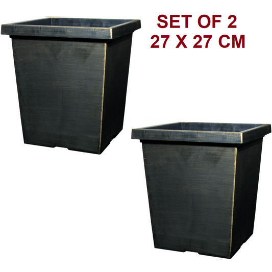 Set of 2 Bronze Black Plastic Plant Pot 27cm Tall 15L Square Garden Planter 