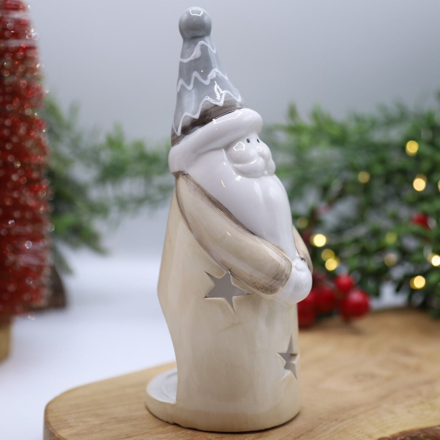 Ceramic Tall Santa Tealight Holder with Star Cut out Christmas Festive Decor