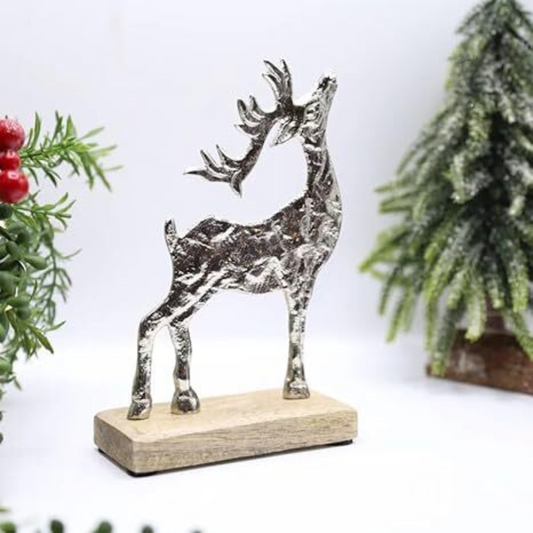 Silver Aluminium Deer Antler Scene 18.5cm Christmas Xmas Home Decor Stag On Wood