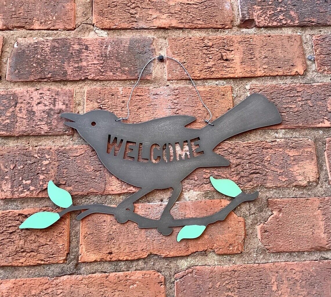 Welcome Home Garden Sign Bird Metal Cut Out Design Wall Hanging Plaque Ornament