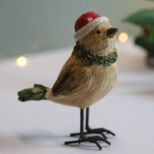 Christmas Bird Santa Cap Resin Sitting Robin Bird Winter Ornament Decoration